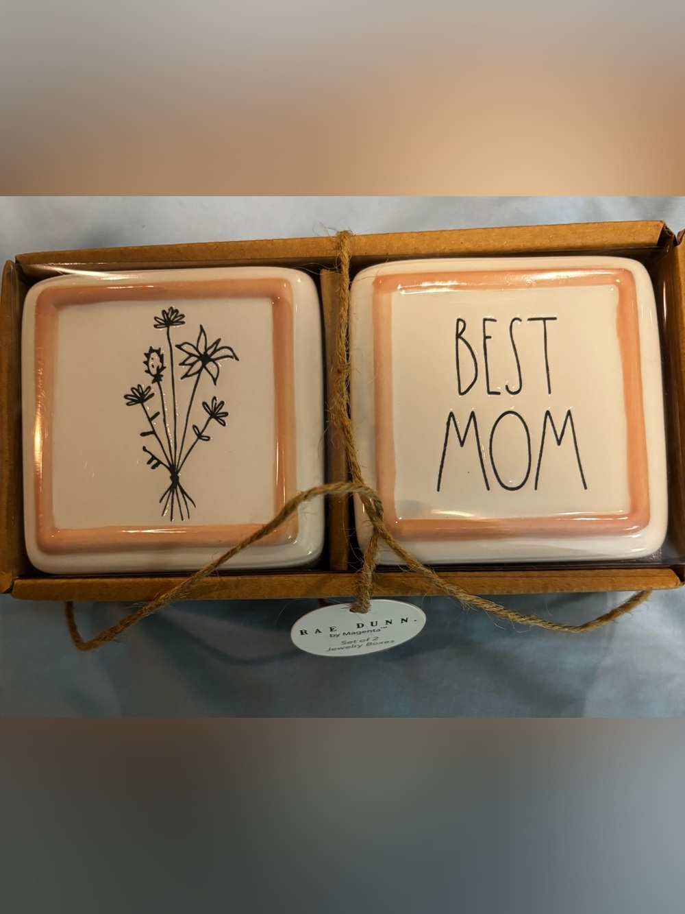 Rae Dunn Ceramic Jewelry Box Set - White with Peach Trim